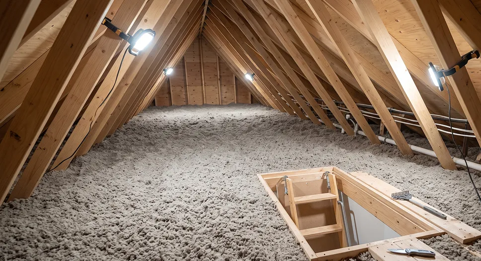 Cellulose attic insulation installed evenly across an attic floor to support healthier indoor air.