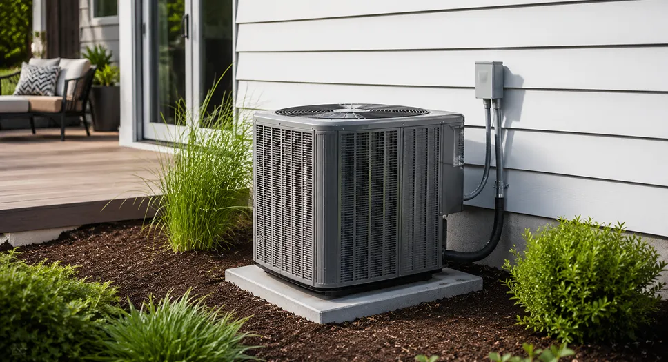 Outdoor heat pump unit installed beside a home as an alternative to a gas furnace.