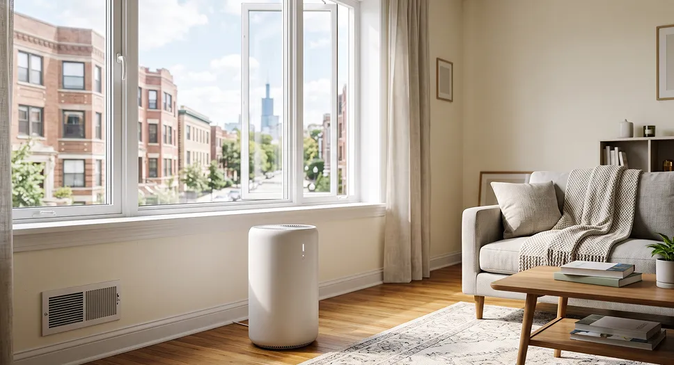 Air purifier in a bright living room helping improve indoor air quality.