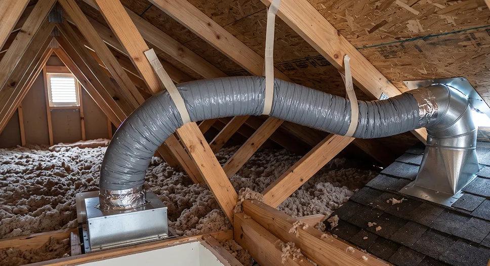 Insulated attic ventilation duct routed to the exterior to help remove moisture from the home.