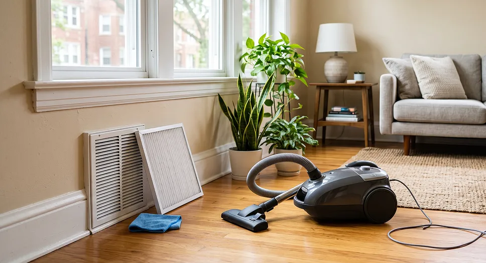 Regular home cleaning with a vacuum and natural cleaning products to help improve indoor air quality.