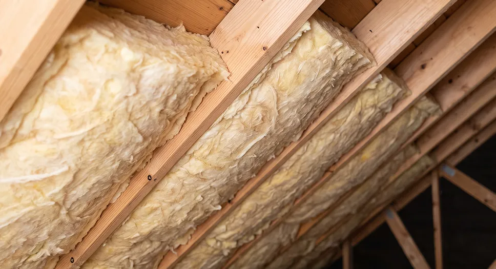 Close-up of fiberglass insulation fitted between roof rafters.