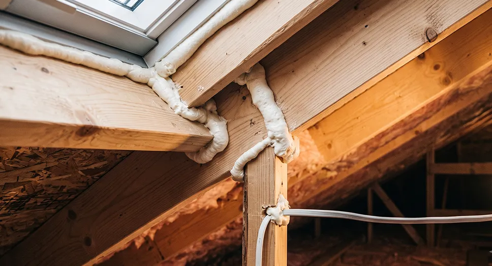 Spray foam air sealing around a roof penetration inside an attic.