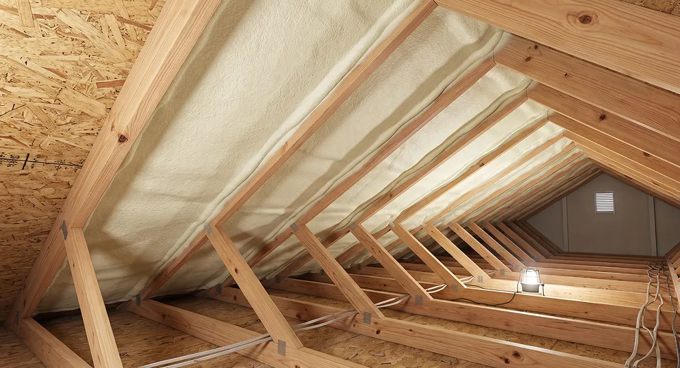 Spray foam insulation applied between attic roof rafters for air sealing and energy efficiency.