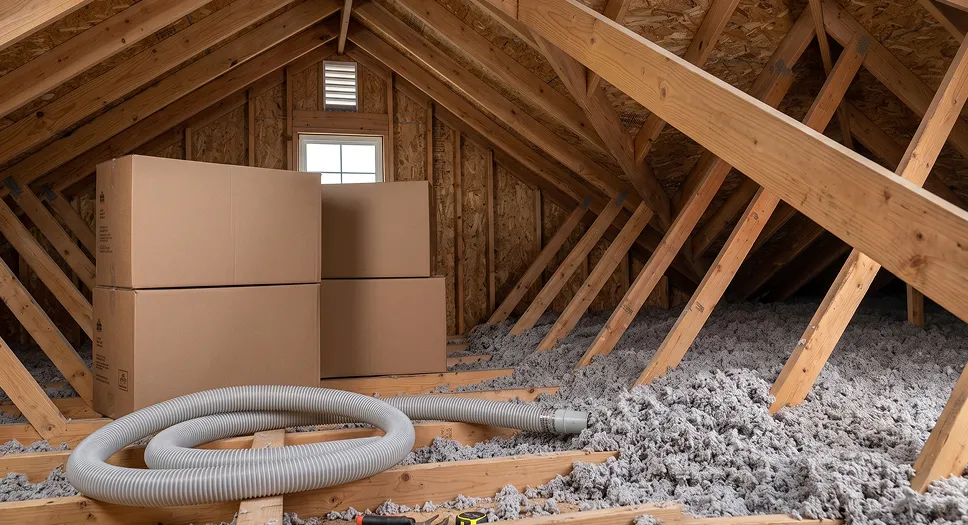 Blown-in gray eko friendly cellulose insulation covering an attic floor
