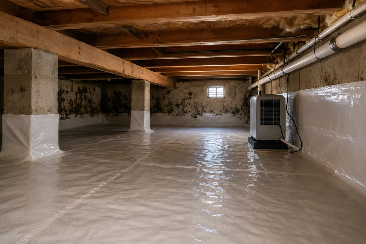 Encapsulated crawl space with a white vapor barrier lining the floor and walls and a dehumidifier controlling humidity