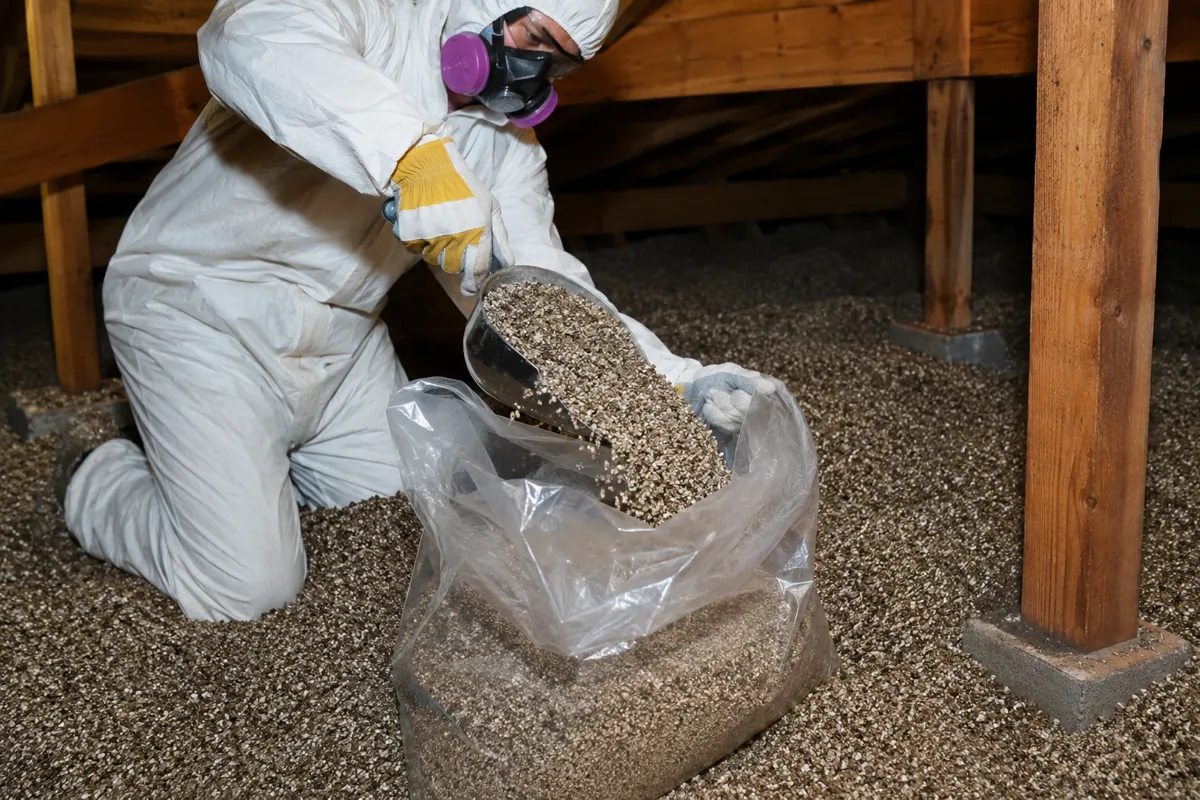 Scooped vermiculite goes straight into sealed bags for safe disposal