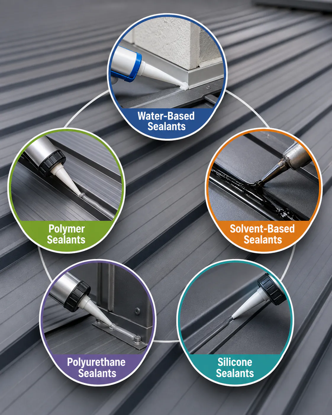 Five types of metal roof sealant shown on a metal roof: water-based, polymer, solvent-based, polyurethane and silicone
