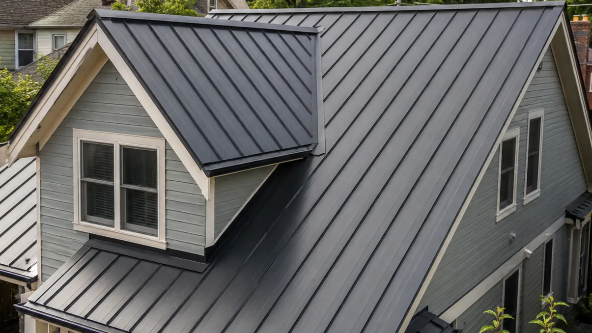 Dark standing seam metal roof on a gray-sided home with a dormer, seen from above