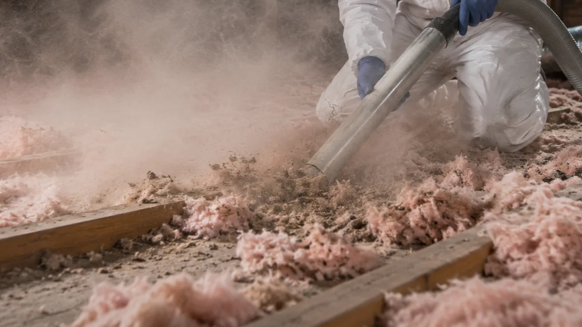 Vacuum nozzle pulling contaminated pink fiberglass insulation out of attic joist bays in a cloud of dust