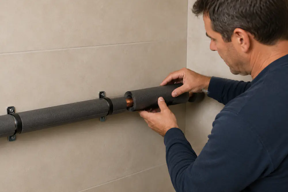 Foam sleeve insulation being fitted over a copper water pipe on a wall