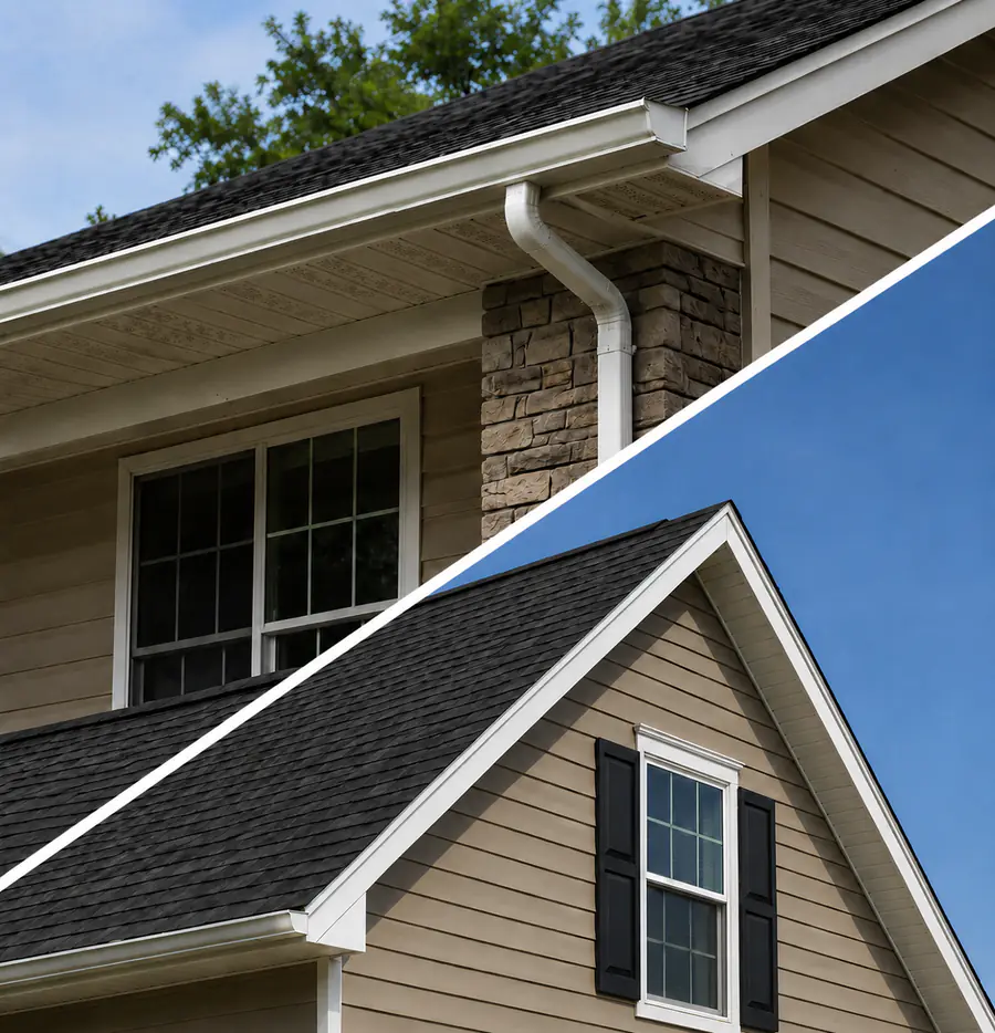 Eave with gutter and vented soffit compared with the rake edge running up a gable