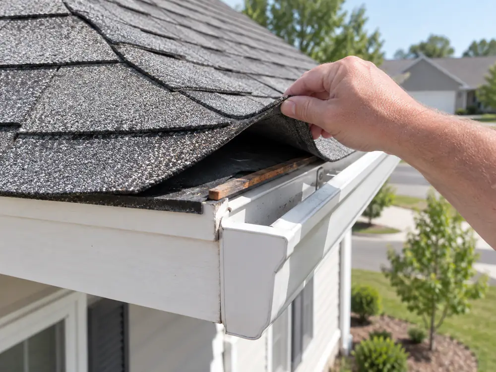 Shingles lifted at the eave revealing the drip edge over the fascia with the gutter below