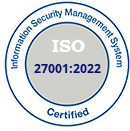 A round gray logo with the text: Information Security management System ISO 27001:2022 Certified.