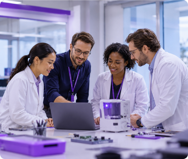 Team collaborating on a medical device in a lab