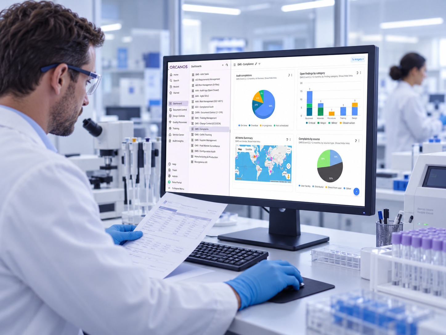 Quality engineer reviewing an Orcanos compliance dashboard