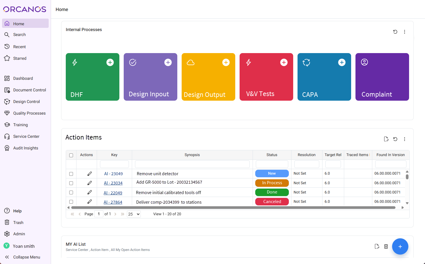 Screenshot of Orcanos Home page with Shortcuts panel