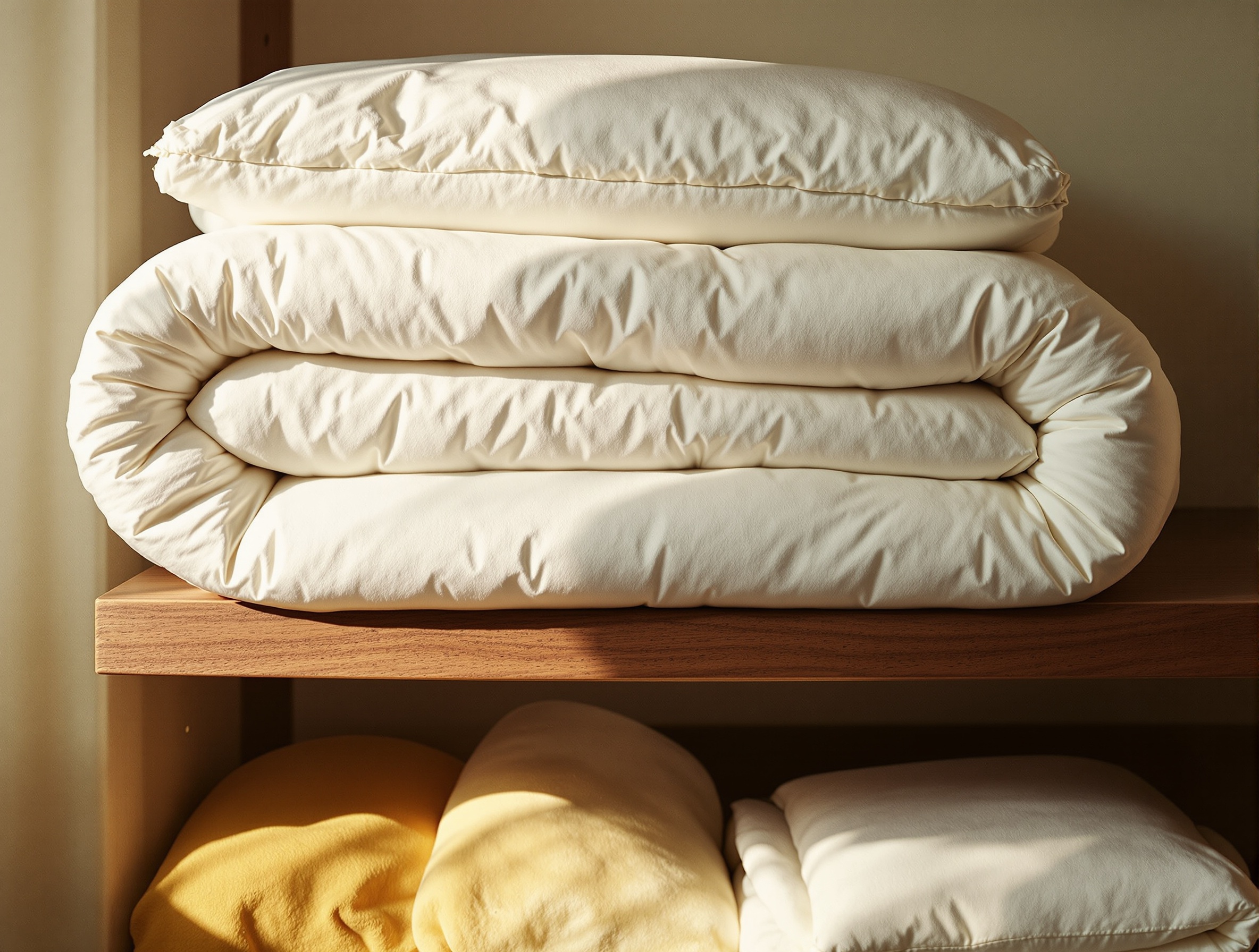 Couette king size propre et pliée rangée dans un sac en coton respirant sur une étagère en bois