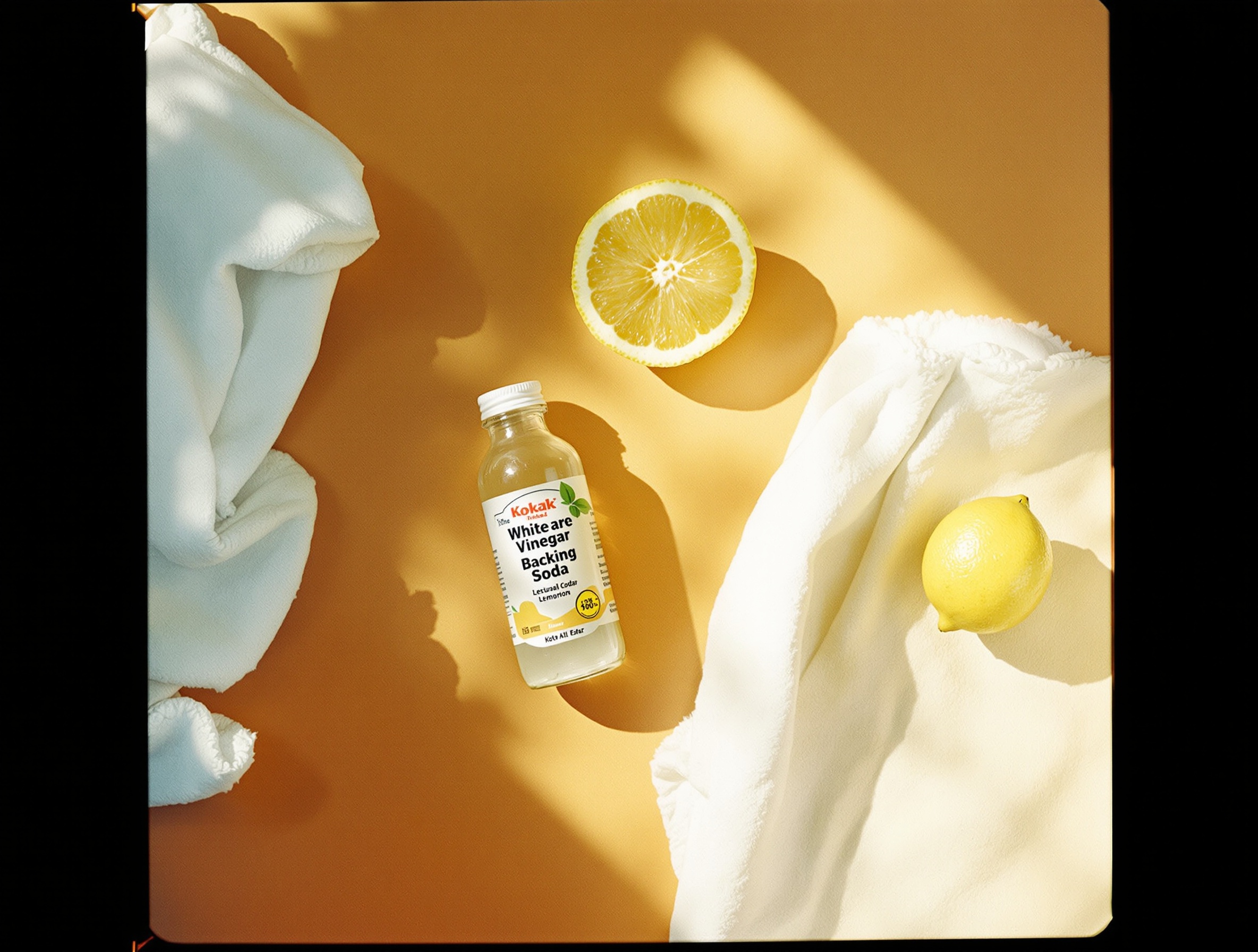 Produits naturels anti-moisissure sur table formica : vinaigre blanc, bicarbonate de soude et citron, style années 70