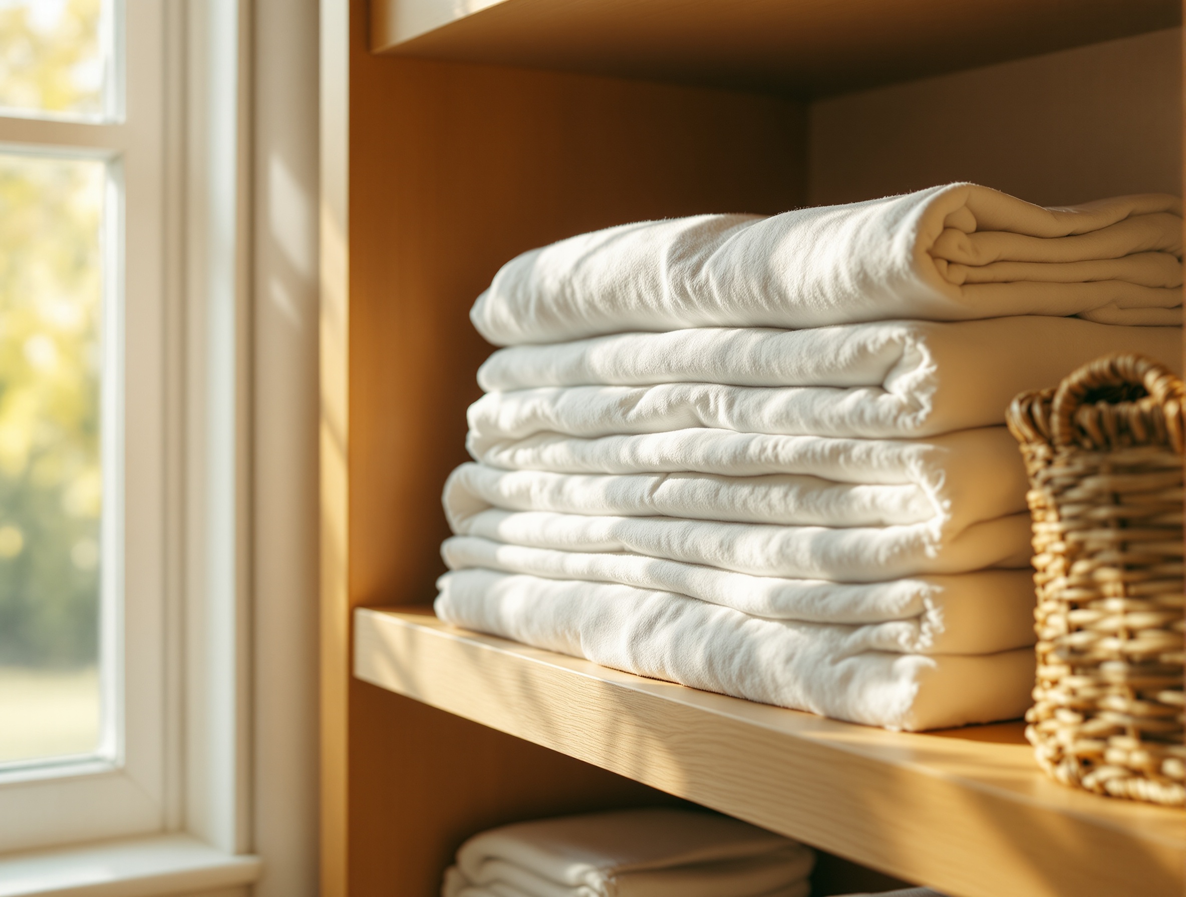 Linge propre soigneusement plié sur étagère en bois, lumière naturelle chaude, ambiance rangement années 70