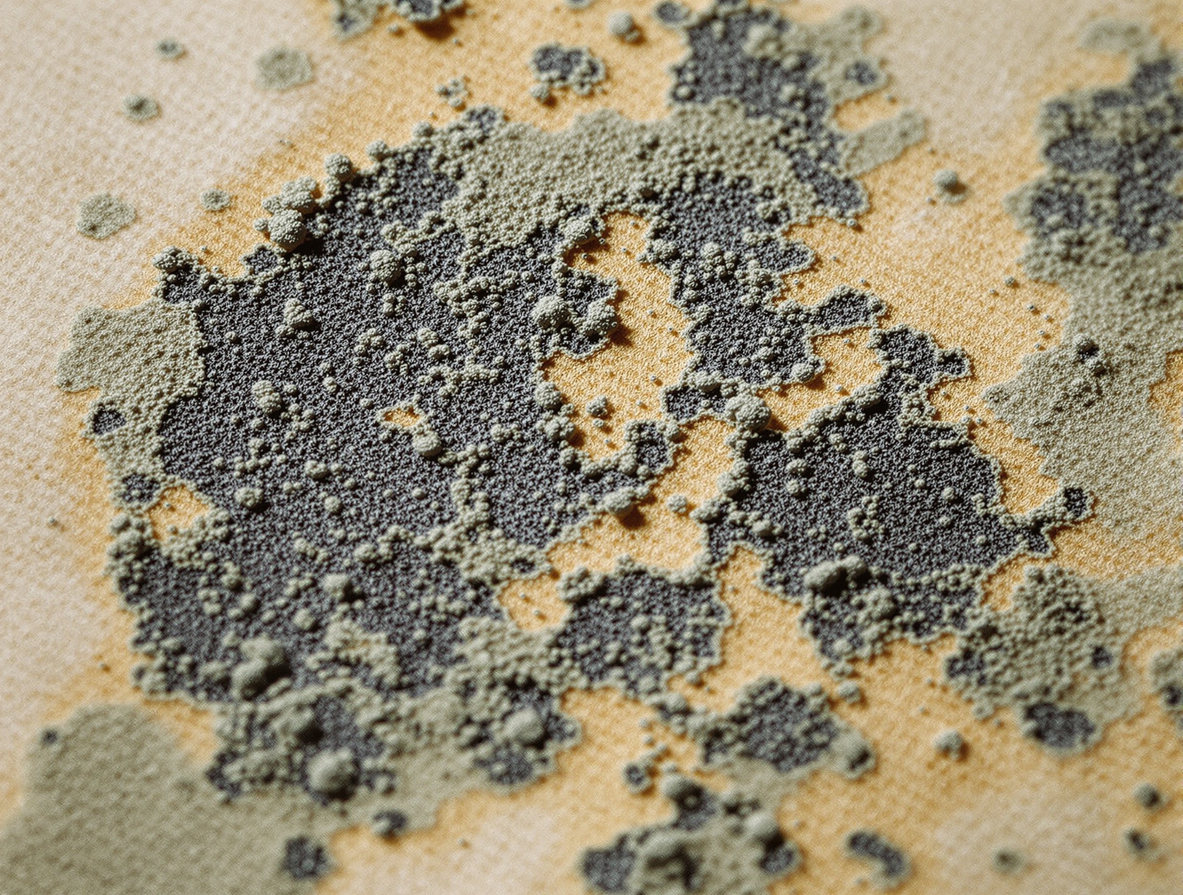 Gros plan texture tissu lin avec taches de moisissure noires et vertes, lumière ambrée, grain pellicule