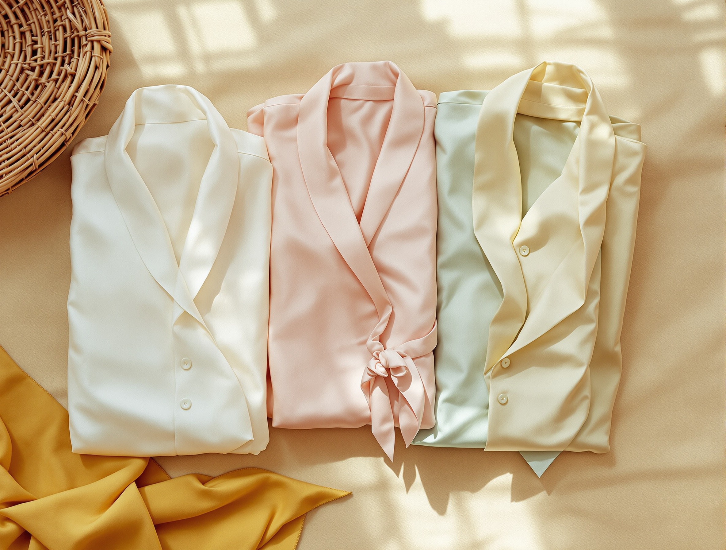 Vêtements en soie propres et pliés en tons pastel sur surface en lin naturel, lumière douce et atmosphère vintage
