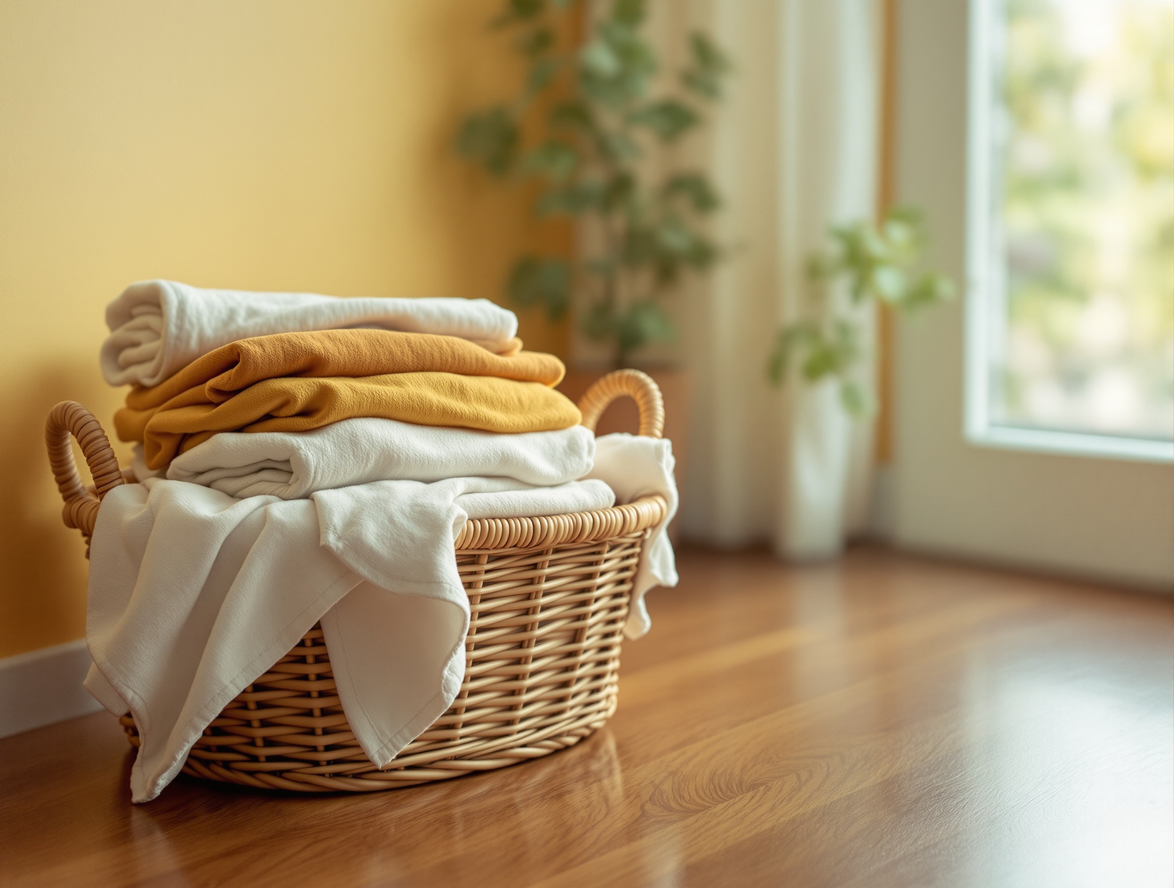 Linge propre et trié soigneusement plié dans un panier en osier, ambiance chaleureuse années 70