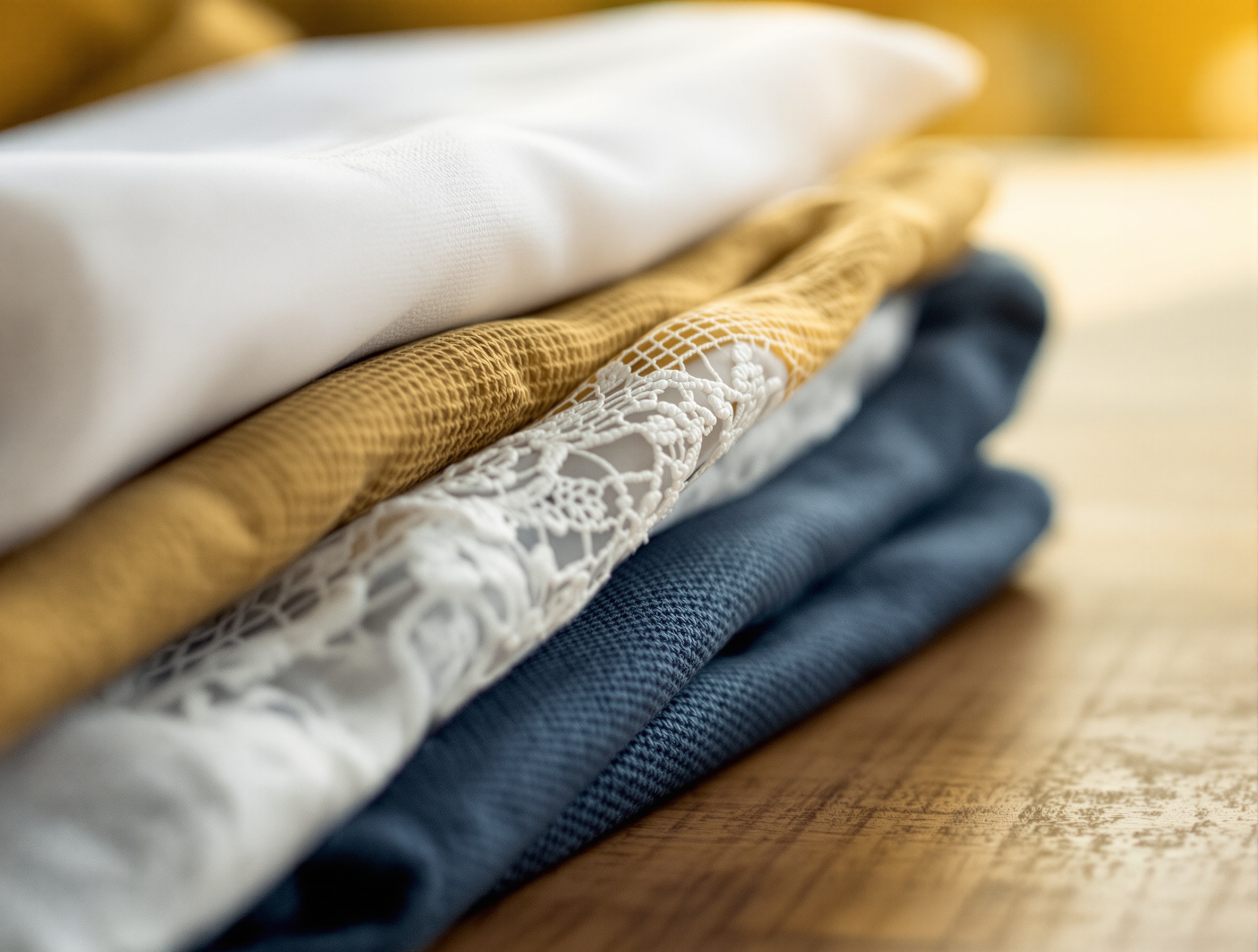 Trois types de tissus triés : coton blanc, denim foncé et dentelle délicate sur bois noyer