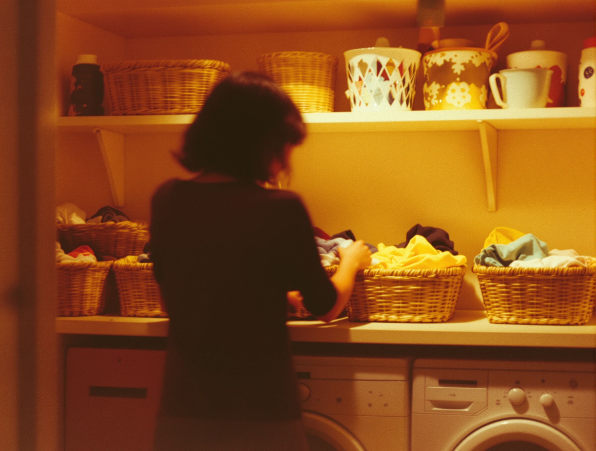 Personne de dos triant son linge en paniers en osier dans une laverie vintage années 70