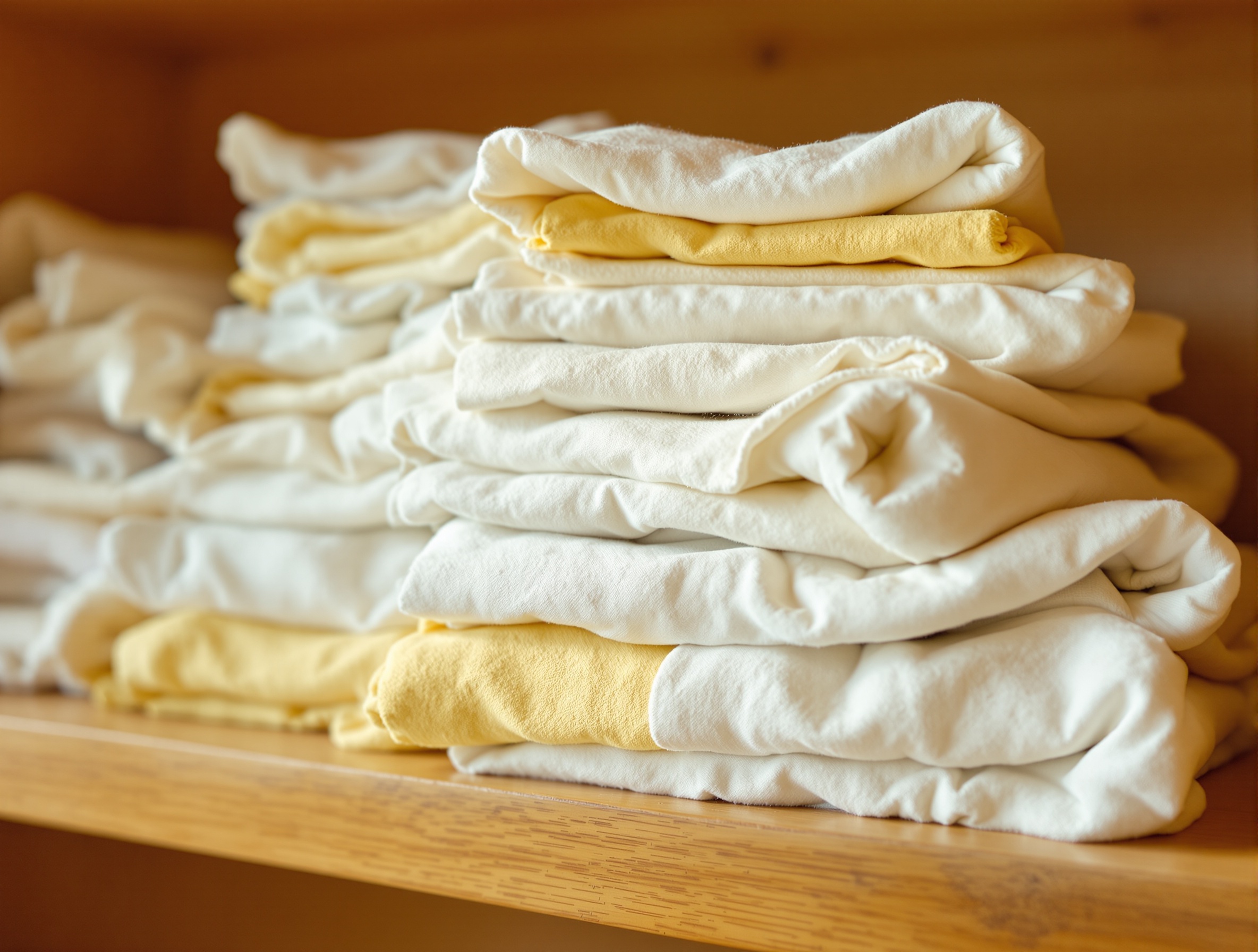 Pile de linge propre et plié sur une étagère en bois, tons chauds crème et couleurs douces, lumière naturelle