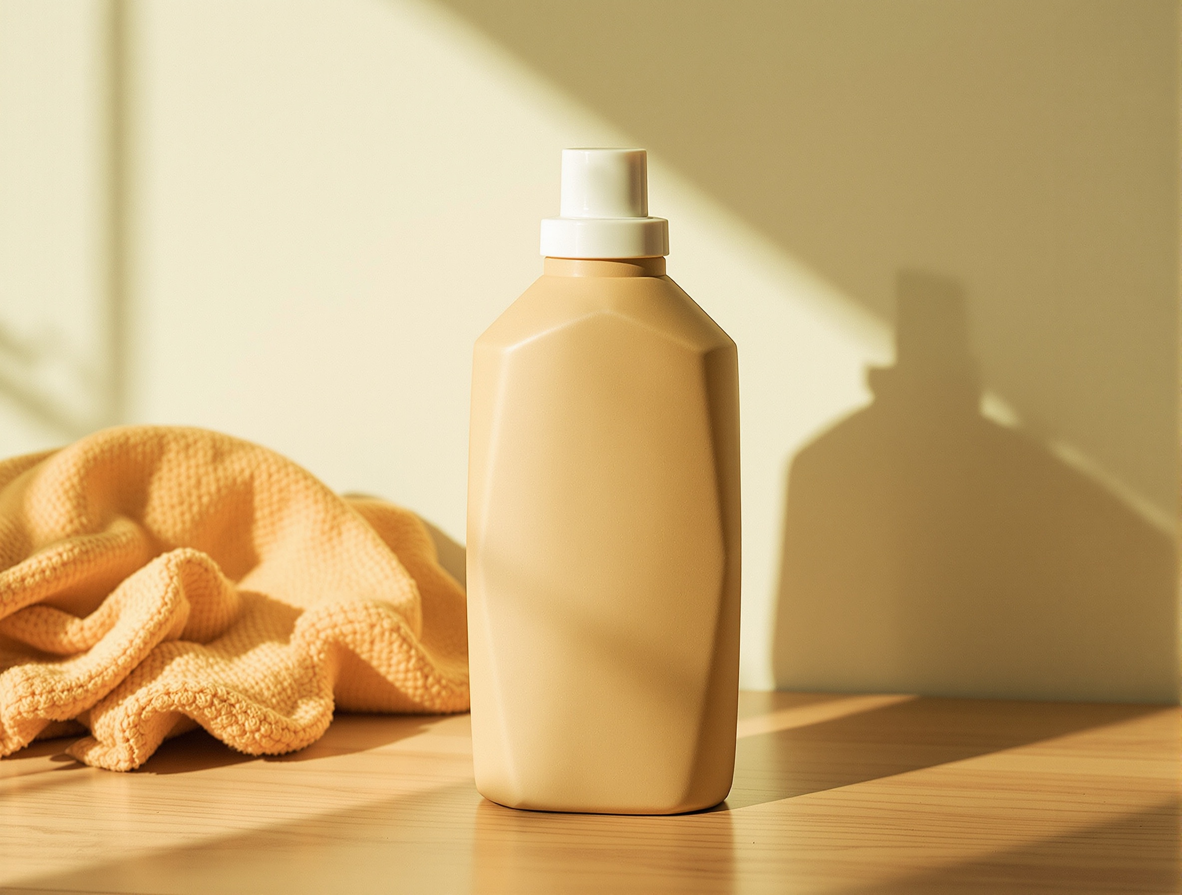 Flacon de lessive bio en papier kraft isolé sur surface bois noyer, photographie produit minimaliste lumière chaude