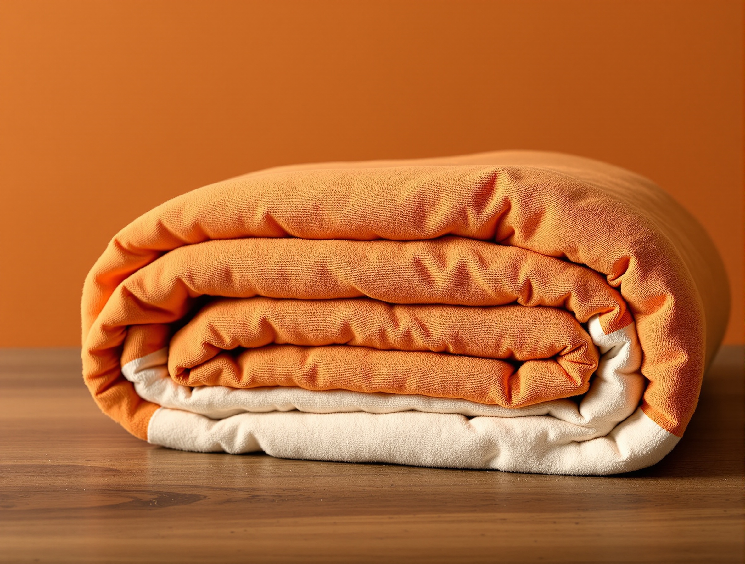 Couverture en coton pliée sur une surface en bois noyer avec lumière naturelle chaude