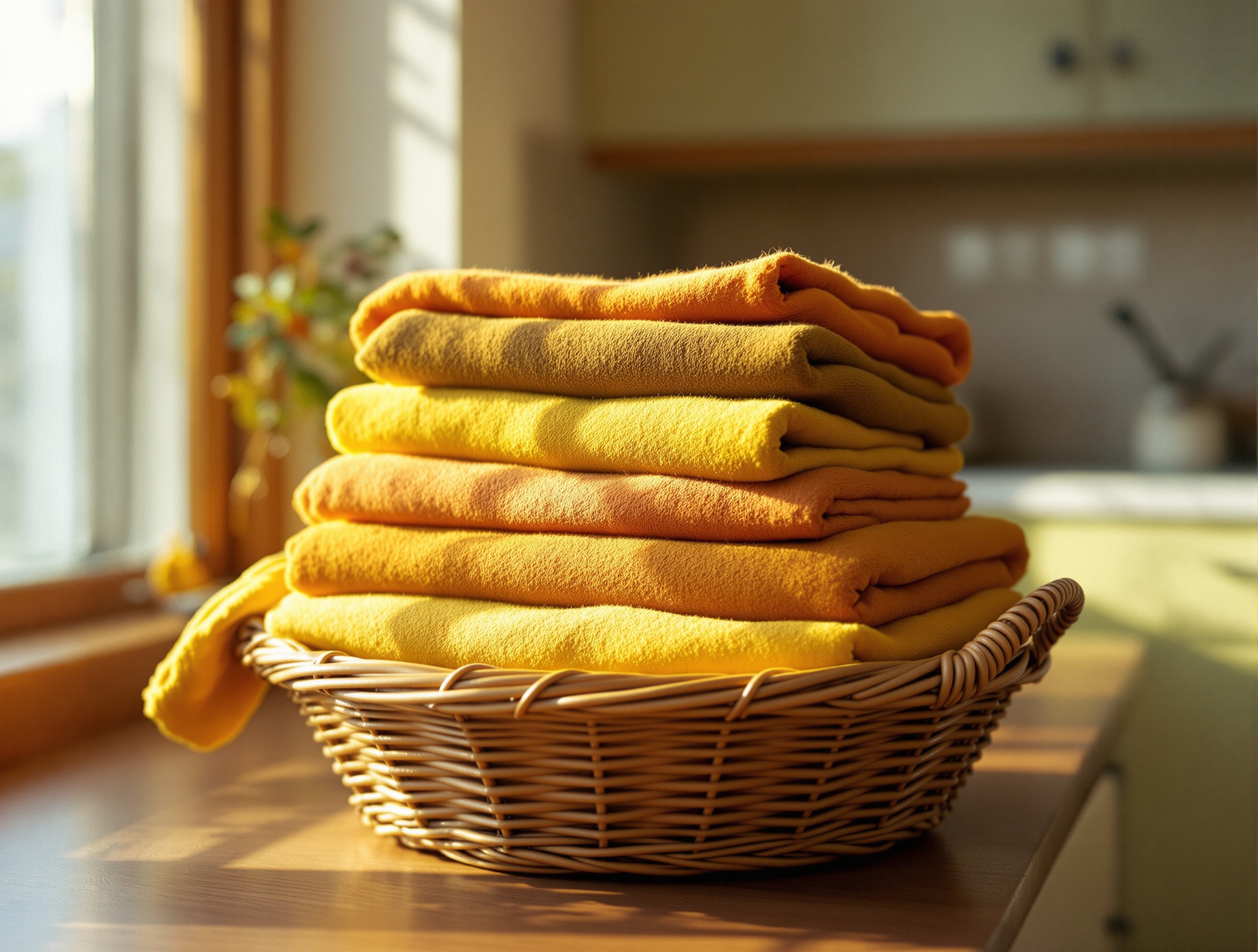 Linge propre et plié dans un panier en osier sur une surface en bois noyer, lumière dorée de fin d
