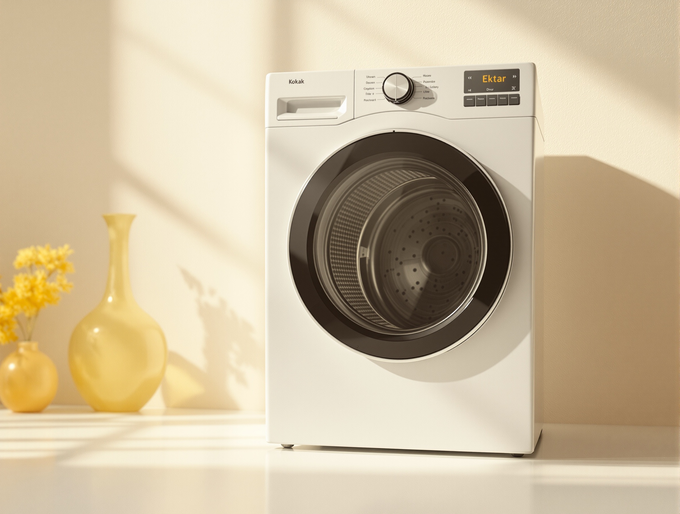 Sèche-linge à condensation blanc sur fond neutre chaud, photographie minimaliste lumière douce