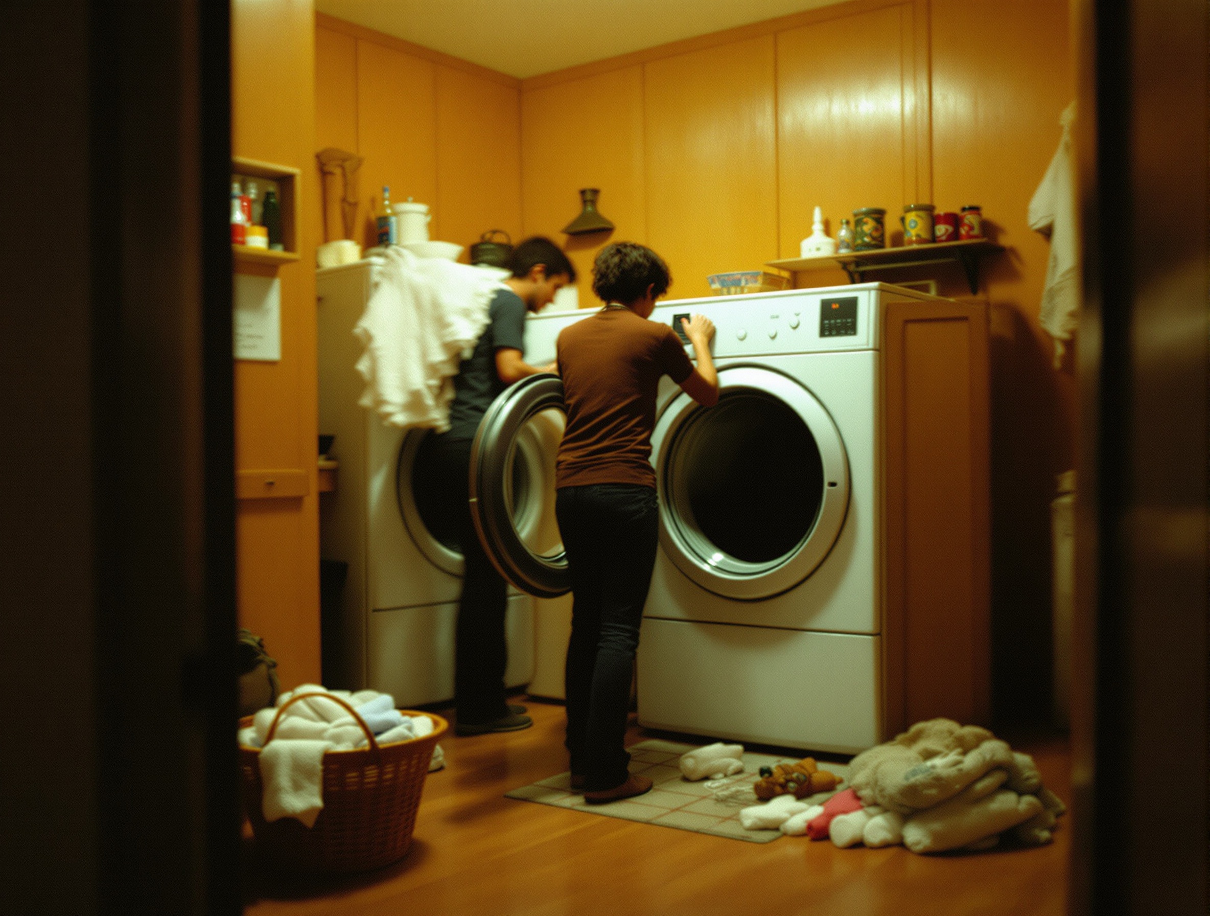 Silhouette floue de dos chargeant un sèche-linge à condensation dans une buanderie vintage chaleureuse