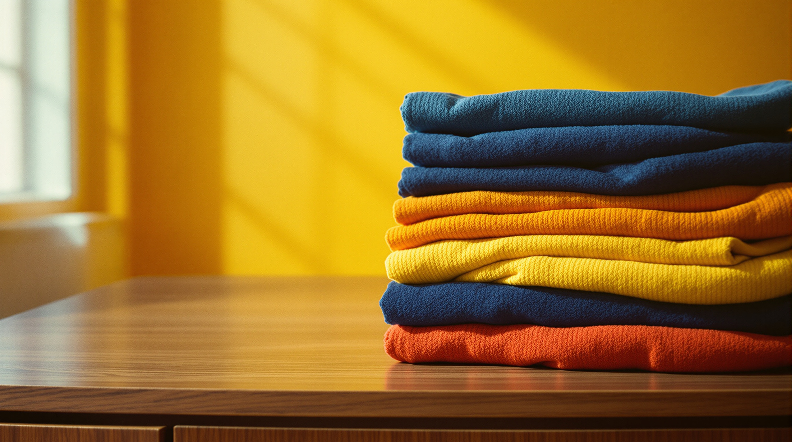 Premier lavage vêtement neuf : pile de vêtements colorés pliés sur une surface en bois noyer, ambiance années 70