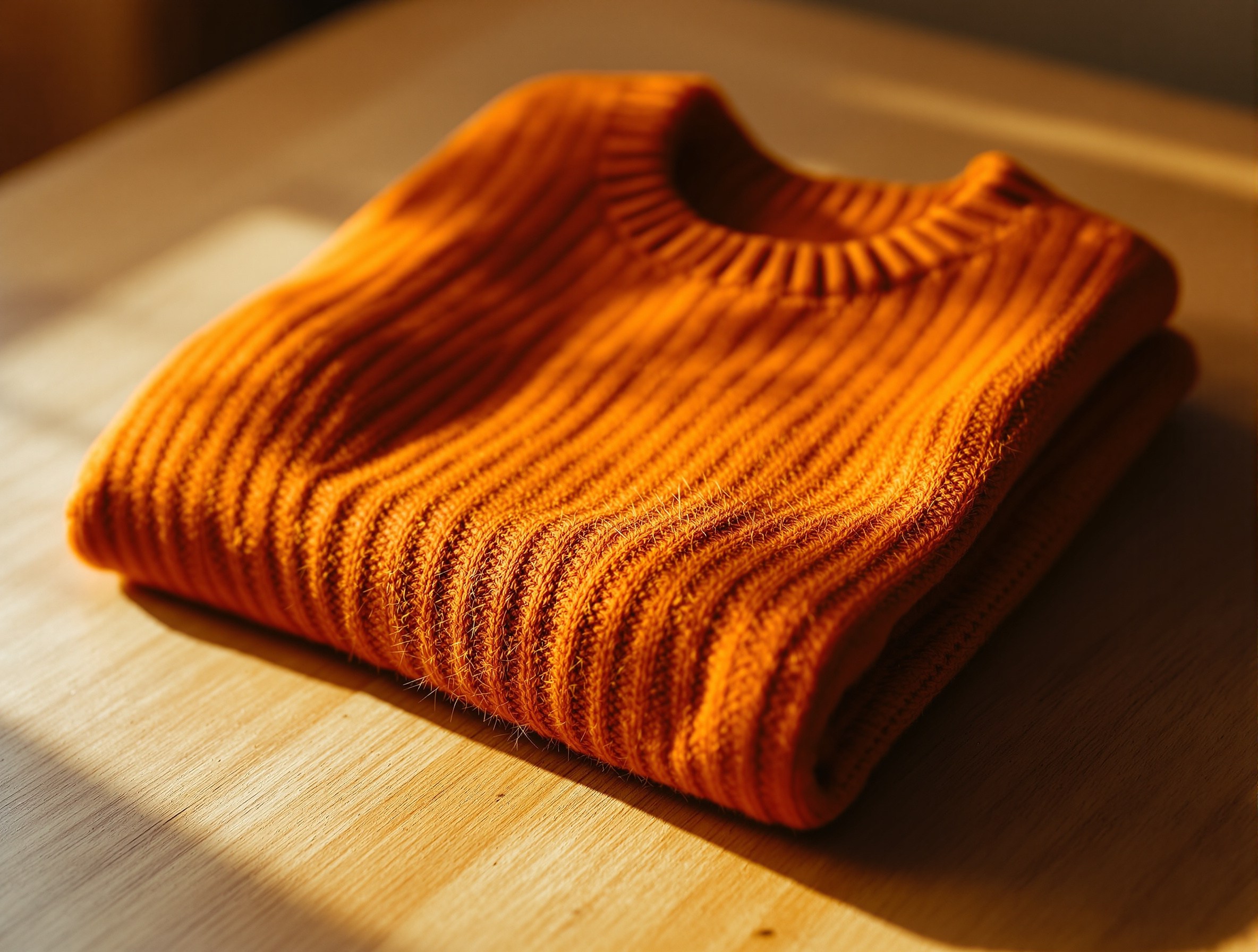 Pull en laine orange brûlé plié à plat sur bois noyer, séchage délicat, lumière naturelle douce