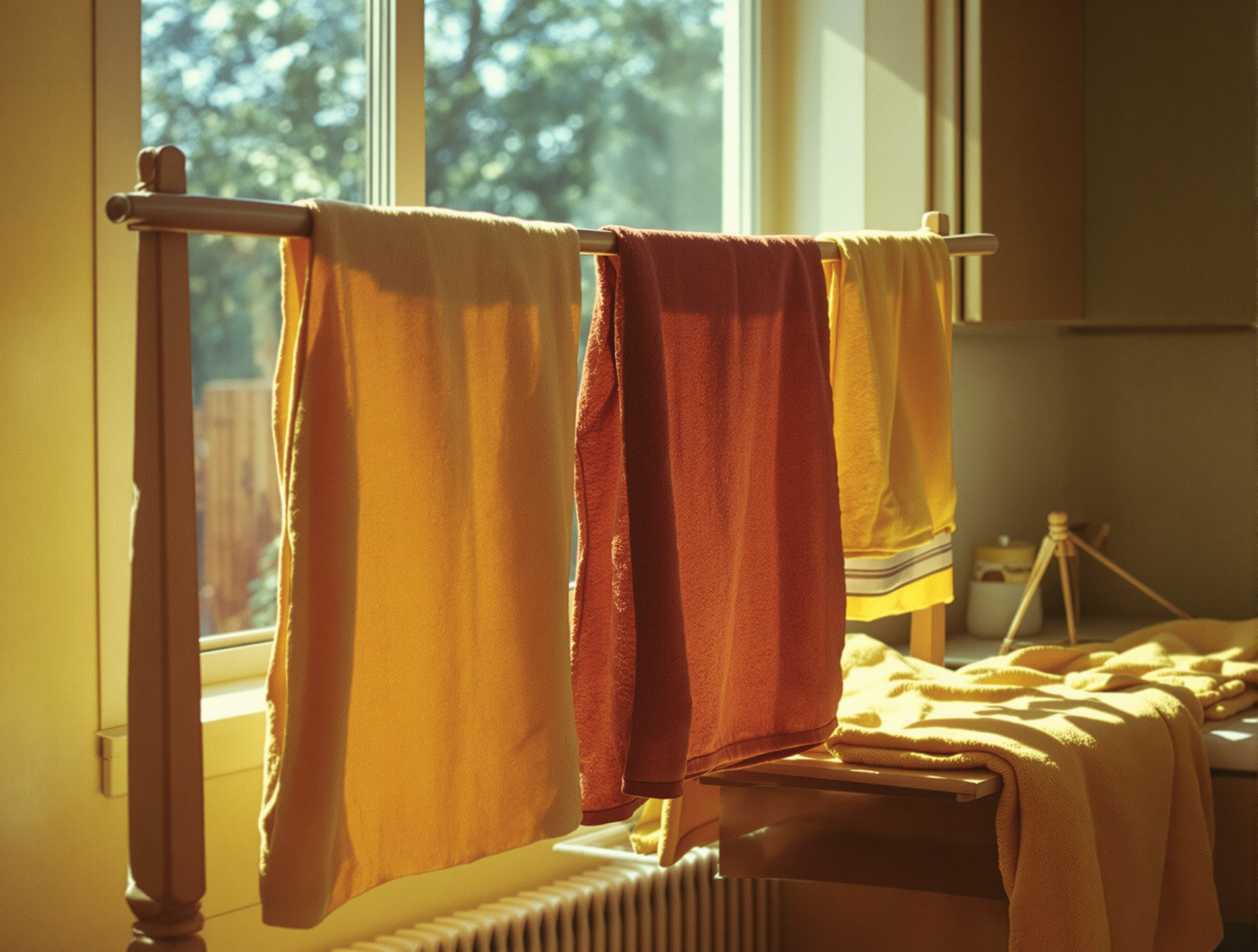 Linge propre étalé sur séchoir en bois près d