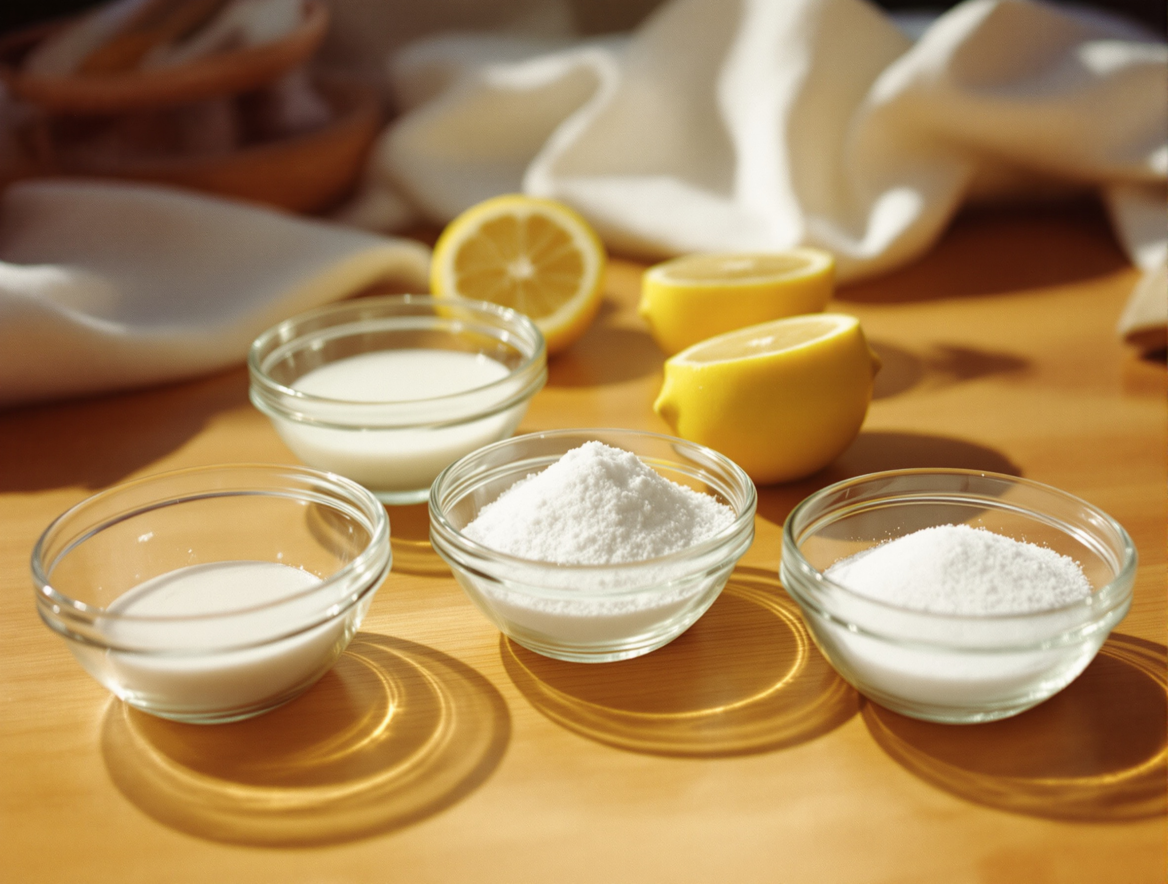 Produits naturels pour détacher les vêtements blancs — bicarbonate de soude, vinaigre blanc et citron