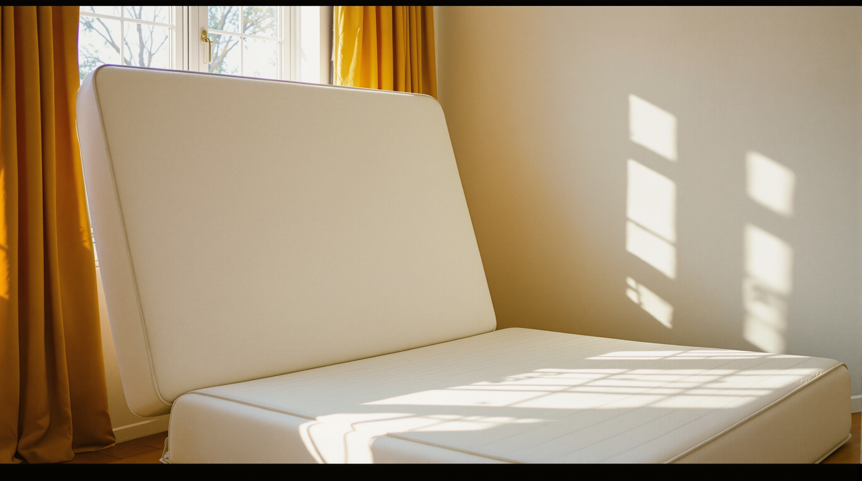 Matelas mouillé posé verticalement contre un mur pour sécher à l'air avec fenêtre ouverte et lumière naturelle