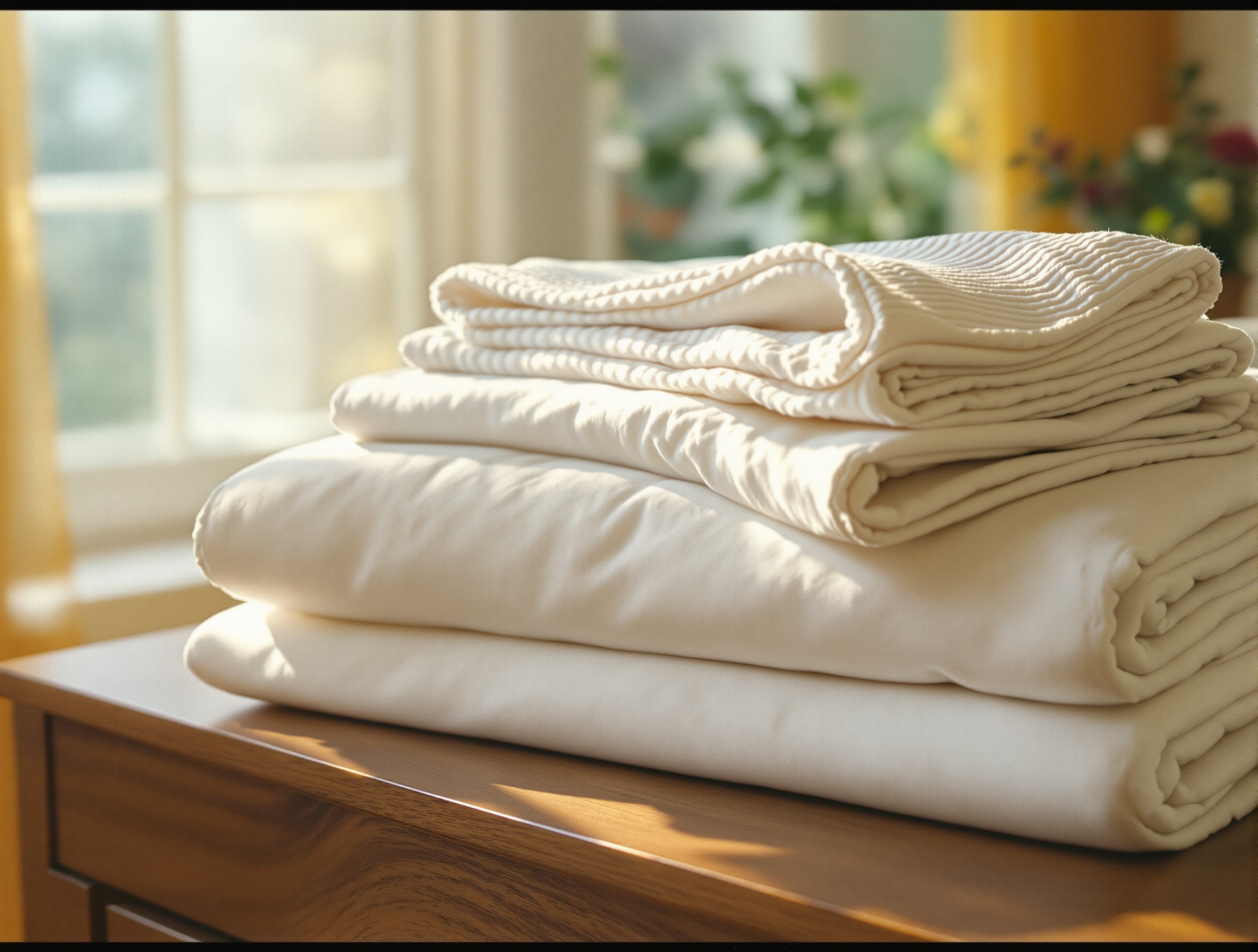 Linge de lit propre et protège-matelas soigneusement pliés après lavage en laverie automatique
