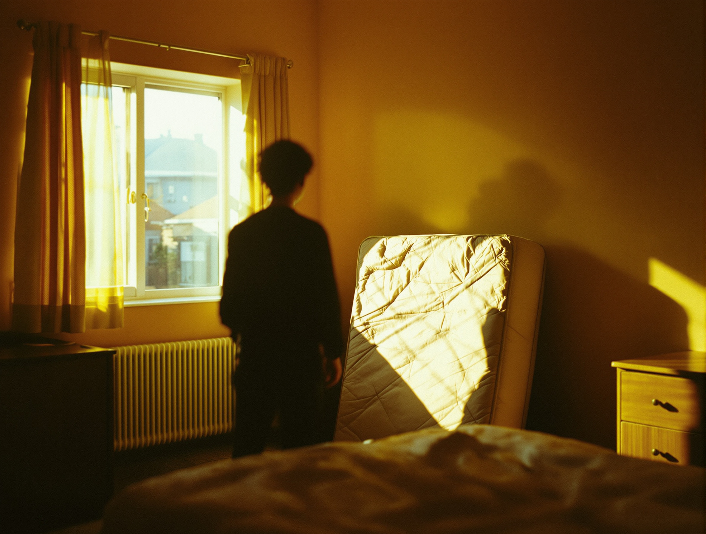 Personne de dos dans une chambre ensoleillée positionnant un matelas contre le mur pour le faire sécher