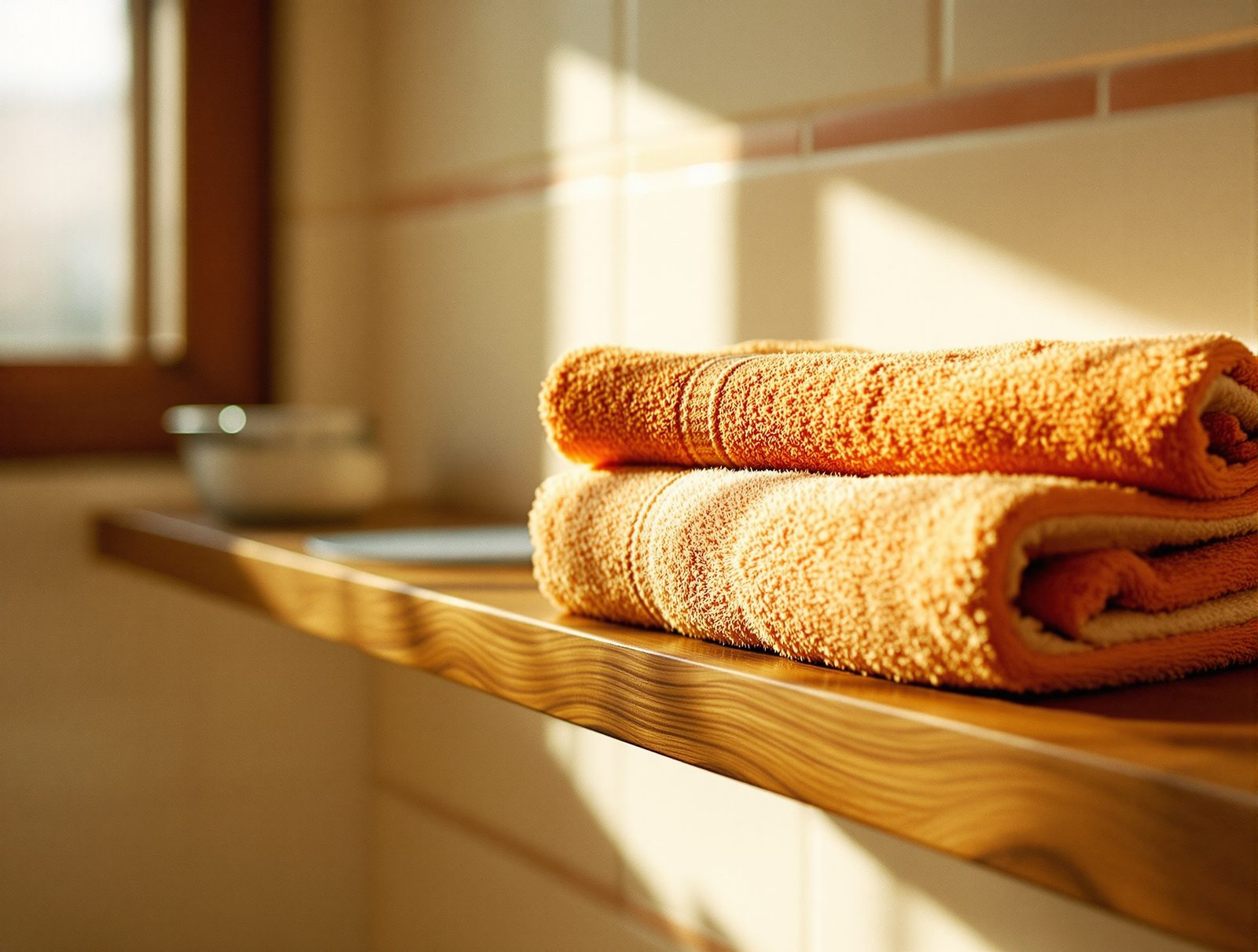 Pile de serviettes de bain propres et bien pliées sur une étagère en bois, tons chauds années 70, lumière naturelle