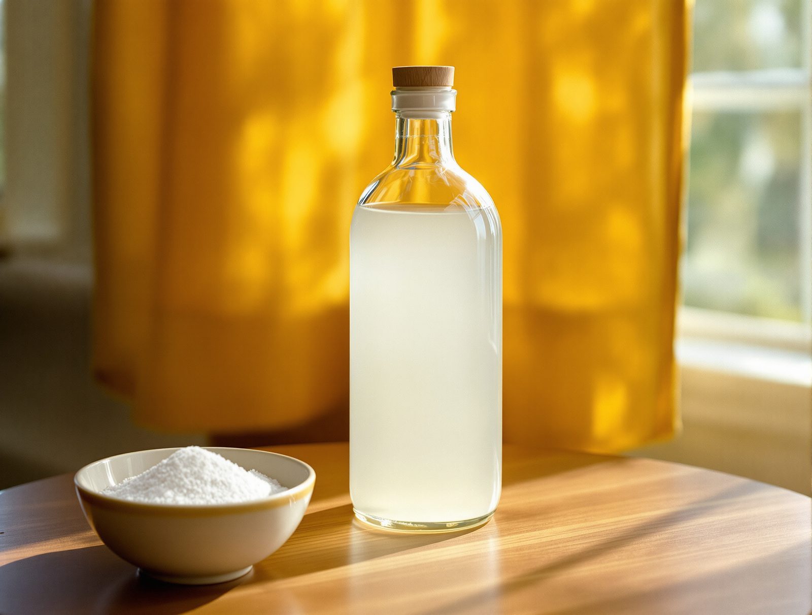 Vinaigre blanc et bicarbonate de soude sur une surface en bois noyer, remèdes naturels pour désodoriser les serviettes