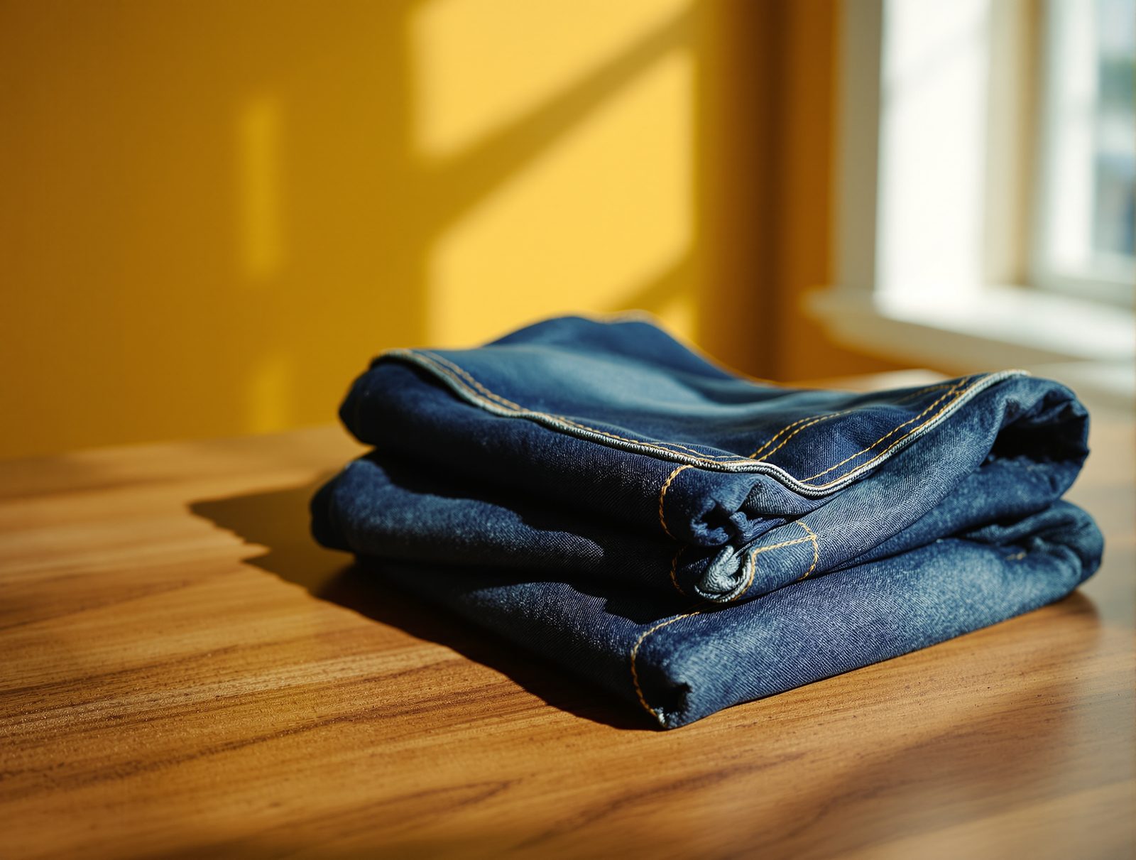 Jean en denim indigo plié posé sur une surface en bois noyer, lumière naturelle chaude, style années 70