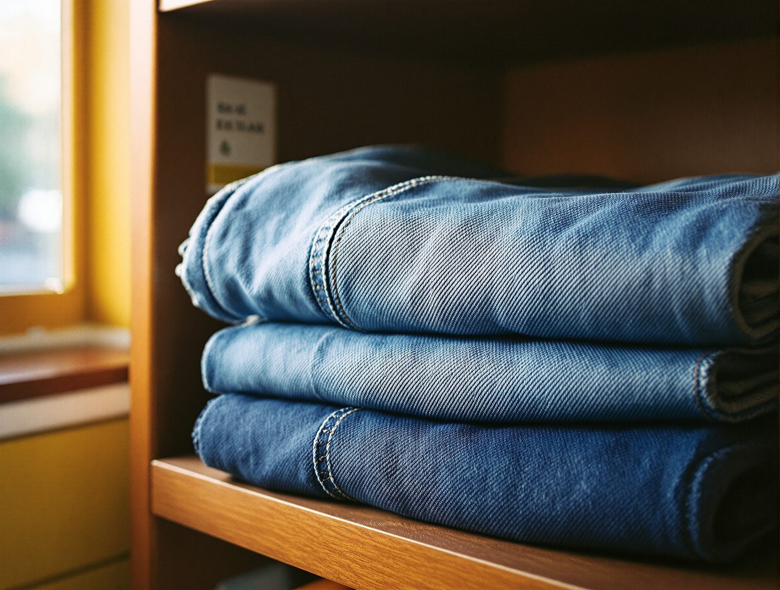 Pile de jeans en denim propres et pliés sur une étagère en bois, lumière naturelle chaude, ambiance années 70