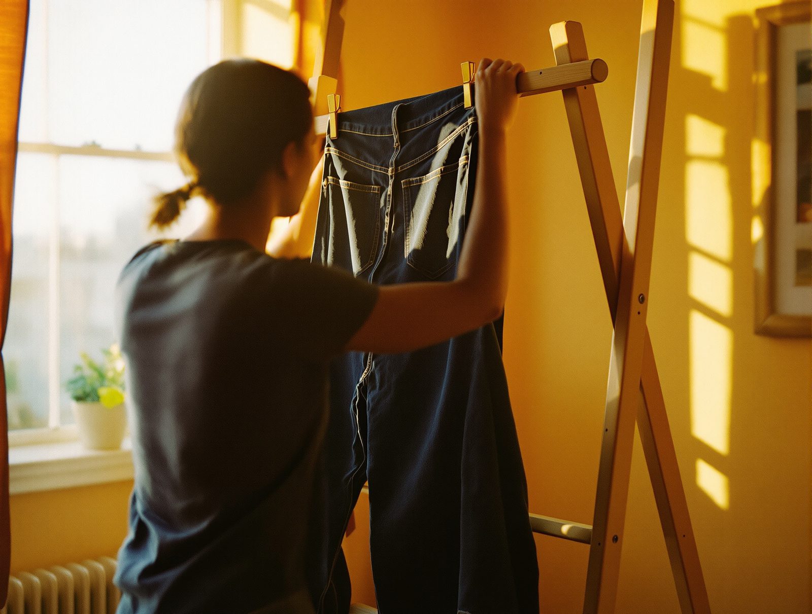Silhouette floue de dos suspendant un jean en denim sur un étendoir en bois, lumière dorée de fin de journée