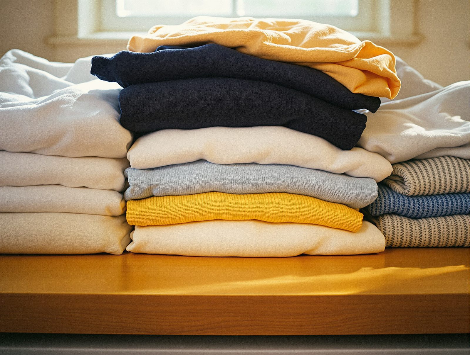 Cinq piles de linge triées par couleur et type de tissu sur une table en bois — blanc, pastels, foncés, synthétiques et délicats