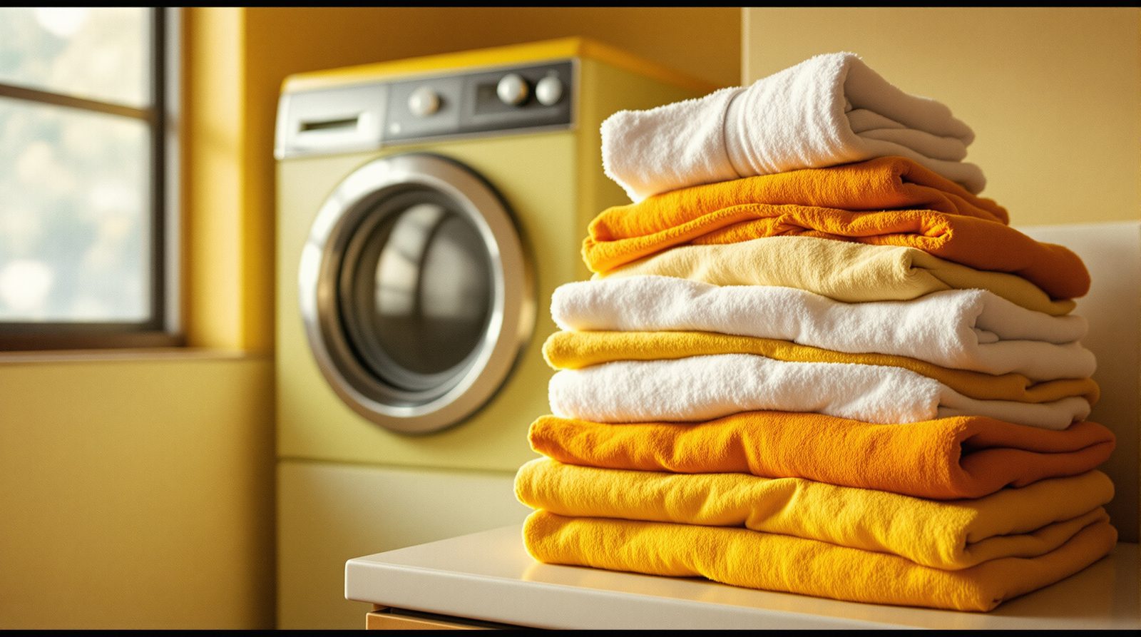 Pile de vêtements colorés posée devant un sèche-linge domestique, lumière naturelle chaude, style années 70