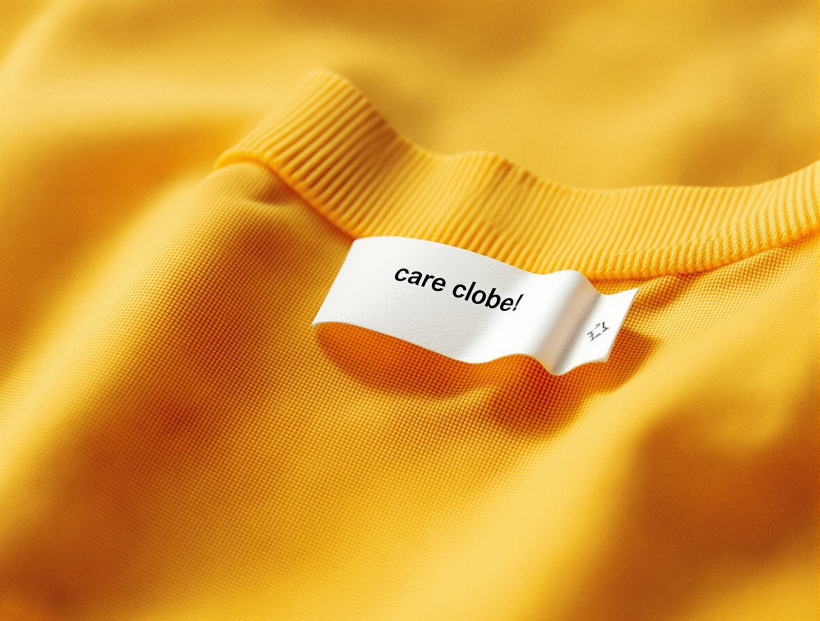 Étiquette textile vierge posée sur un tissu coton orange brûlé, lumière naturelle douce